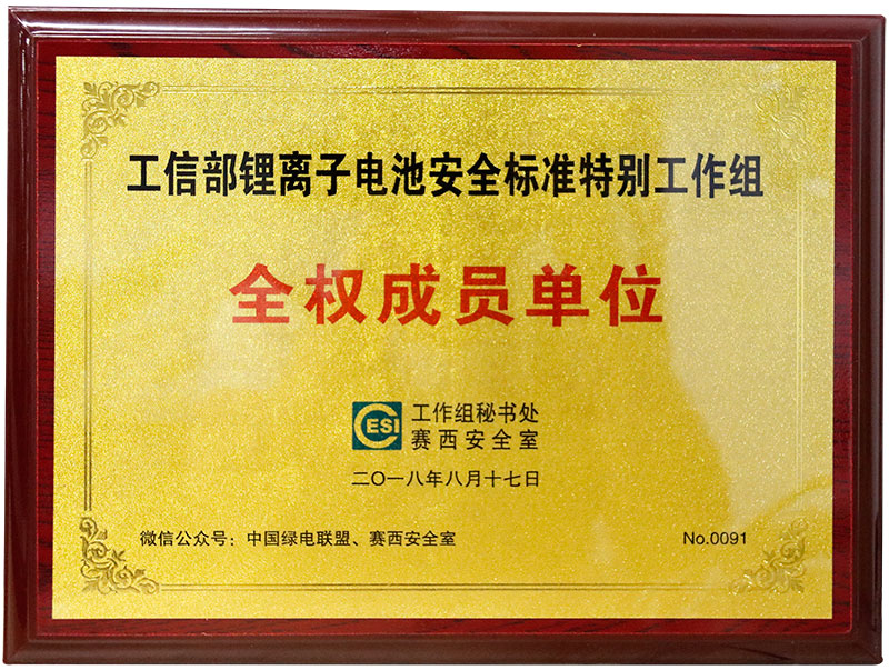 工信部鋰離子電池安全標(biāo)準(zhǔn)特別工作組 全權(quán)成員單位